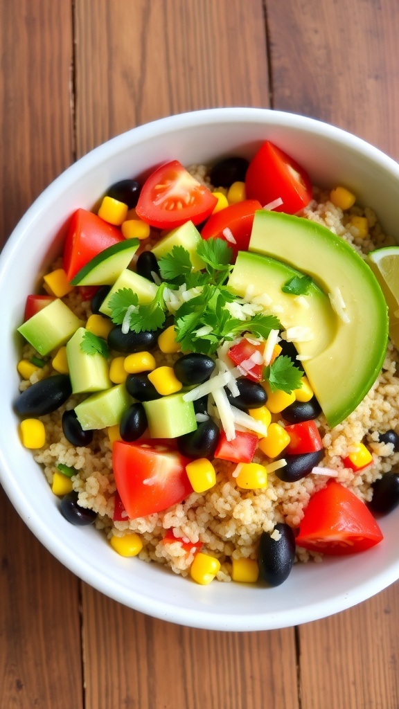 A colorful quinoa bowl with tomatoes, cucumber, black beans, corn, avocado, and cheese on a wooden table.